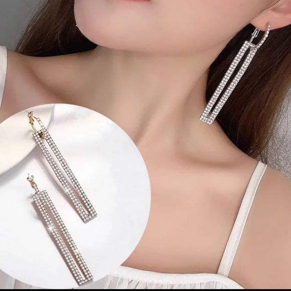 Fashion Long Geometric Drop Earrings Luxury Silver Rectangle Rhinestone  Party - Picture 2 of 5